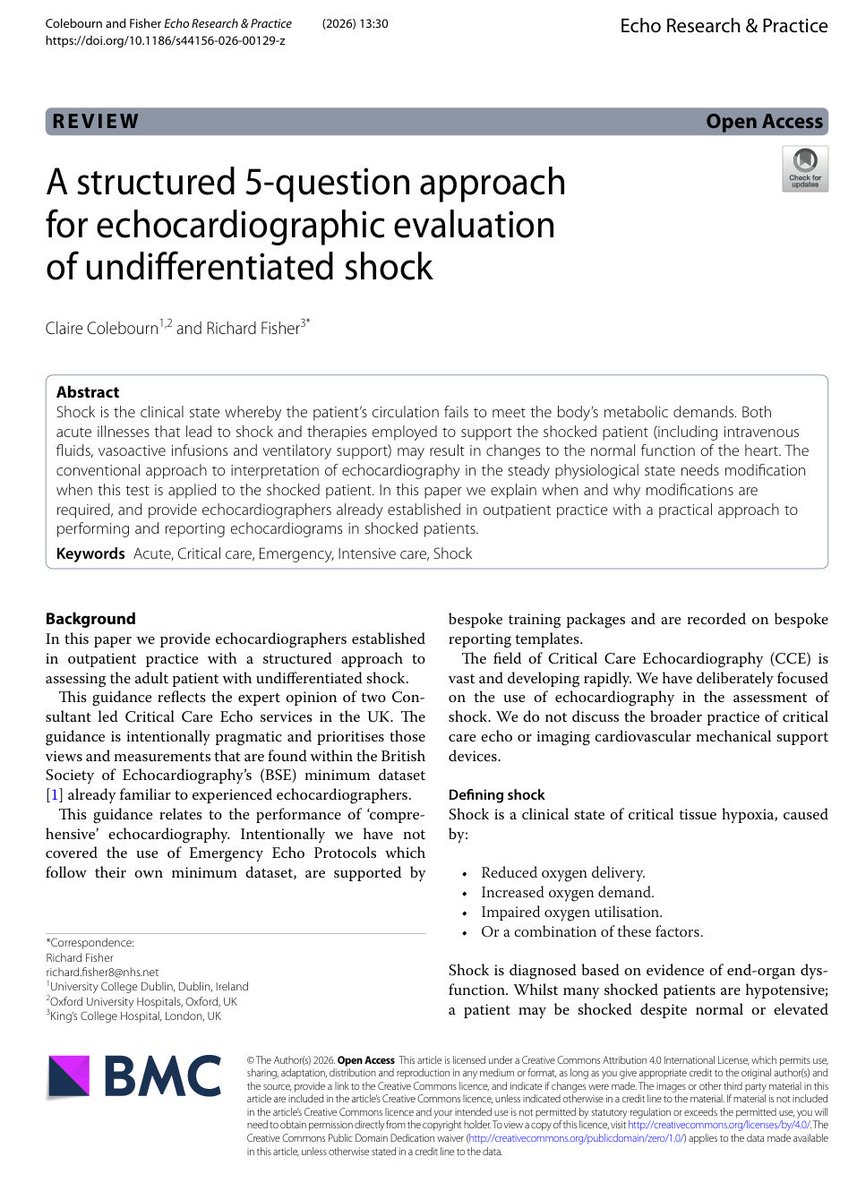 franciscojlk's tweet photo. ❤️Echocardiography in shock: stop asking only “What is the EF?”

In undifferentiated shock, echocardiography is most useful when it answers physiological questions, not when it simply describes cardiac anatomy.

Colebourn and Fisher propose a pragmatic 5 question framework for approaching the shocked patient: 

1. What are the stroke volume and cardiac output?

Start with flow. Importantly, cardiac index is not a binary marker of shock. A patient may maintain cardiac output through tachycardia despite a low stroke volume, while another may have low output because bradycardia prevents compensation. SVI, CI, heart rate and rhythm therefore need to be interpreted together. 

2. If output is abnormal, why?

LV failure? RV failure? Low preload? Valve disease? Mechanical complication? Obstruction?

And do not forget dynamic LVOTO. Critical illness can combine low LV volume with hypercontractility, and escalating vasoactive support without recognising LVOTO may paradoxically worsen shock. 

This is also where LVEF can mislead us.

A “normal” EF does not guarantee adequate forward flow. EF depends on LV volume and afterload and does not distinguish forward from regurgitant stroke volume. Vasoplegia may even make LV systolic function appear reassuring until vascular tone is restored. 

3. Is left atrial pressure elevated?

E/e′ >14 may support elevated LAP in general ICU populations, but performs less reliably in cardiogenic shock and should not be interpreted alone. A normal LA size does not exclude an acute rise in LAP. 

4. Are pulmonary pressure and PVR elevated?

Now the assessment moves to the RV pulmonary circulation interaction, where pressure, afterload and RV adaptation matter.

5. How is the situation evolving?

Perhaps the most important question.

The echo we see is not the patient's fixed cardiovascular phenotype. It is the heart under the current preload, afterload, vasoactive therapy and ventilatory conditions. 

Noradrenaline can increase BP while decreasing SV in one patient, yet increase both BP and SV in another. 

This is why critical care echocardiography should increasingly be thought of as:

Flow → Mechanism → Filling pressures → RV pulmonary circulation → Response over time

Not a photograph.

A dynamic physiological assessment.

This paper represents pragmatic expert guidance rather than a validated diagnostic algorithm. 

Reference���� 
Colebourn C, Fisher R. A structured 5-question approach for echocardiographic evaluation of undifferentiated shock. Echo Res Pract. 2026;13:30. https://t.co/z8VVd7Am2K 

#CriticalCare #Echocardiography #POCUS #Shock #Hemodynamics #Cardiology #IntensiveCare