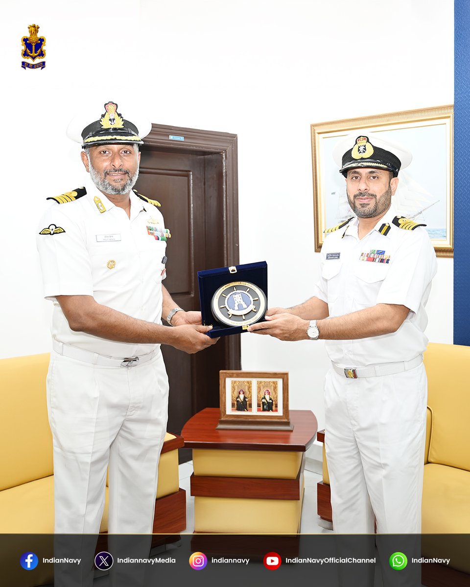 IndiannavyMedia's tweet photo. Strengthening Maritime Cooperation

#INSRanvijay, a frontline destroyer of the #IndianNavy, called at #Salalah as part of her ongoing deployment. The CO of #INSRanvijay called on the Southern Naval Area RNO Commander.

The port call witnessed professional engagements between #RNOVSadh and #INSRanvijay. An IN-RNO #PASSEX was also conducted off Salalah. The engagements underscored enduring India-Oman friendship and maritime ties.

@SpokespersonMoD
@MG_MOD_OMAN
@Indemb_Muscat
@HQ_IDS_India
@indiannavy
@IN_WNC
@DefPROMumbai