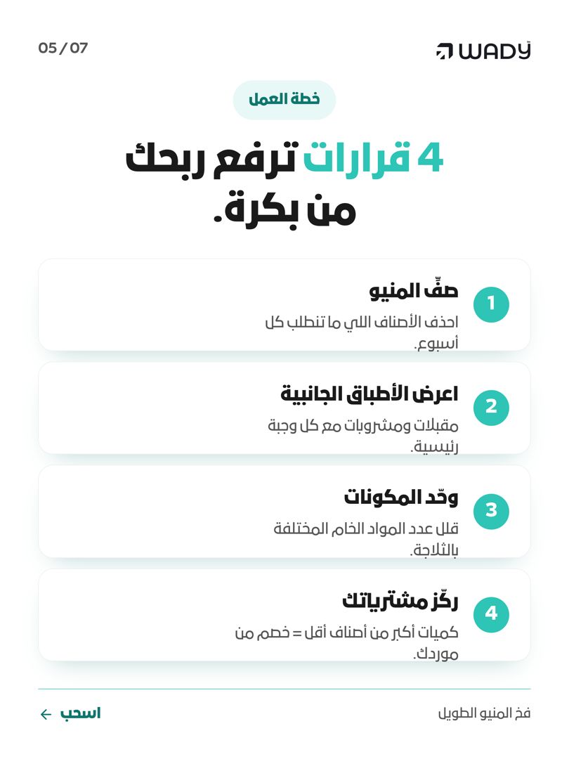 trywady's tweet photo. 4 قرارات تنقذ أرباحك:
1. حذف الأصناف الراكدة
2. تدوير الفائض بنفس المكون
3. بيع الأطباق الجانبية (+80% ربح)
4. توحيد مشترياتك

بسّط طلبات مطعمك مجاناً:
https://t.co/CEsUrJOIYN https://t.co/3YlJGEtvF0