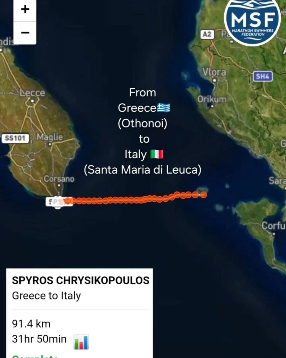 MosesPagliuca's tweet photo. In an unprecedented feat, 43-year-old ultra-endurance swimmer Spyros Chrysikopoulos swam from Greece to Italy, covering 91. 4 km in 31 hours and 50 minutes—from Othoni to Santa Maria di Leuca. He called it the first successful swim across this https://t.co/UWxWvVWn2U