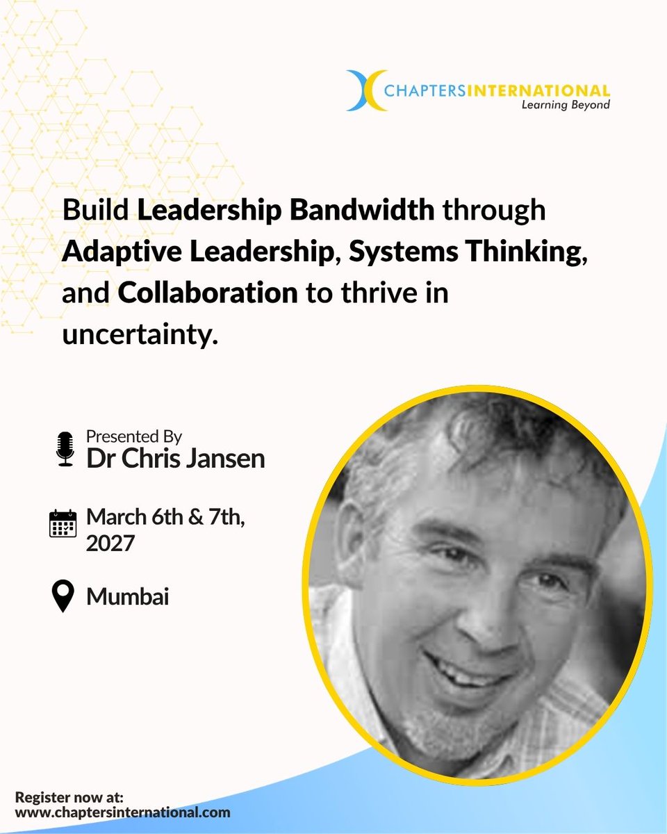 ChaptersInt's tweet photo. Join Dr Chris Jansen for a transformative 2-day workshop on March 6th &amp; 7th, 2027 in Mumbai: Leading in Complexity for Senior Leaders in International Schools.
Register now
https://t.co/6KDC9Ul9AQ
#LeadershipWorkshop#DrChrisJansen#Chaptersinternational https://t.co/iUMHgkuLrw