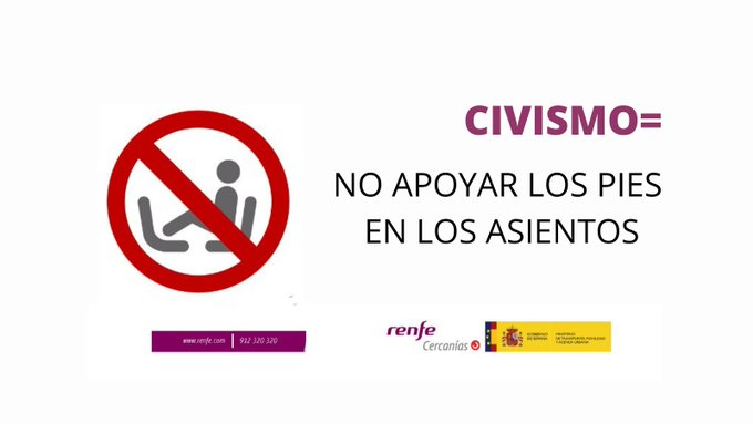 CercaniasVLC's tweet photo. Per favor, no poses els peus en els seients ❌. Cuidar l'espai i el material és tasca de cada persona.

Fes del tren un lloc millor per a tots! 🚉
#Civisme #Renfe

Por favor, no pongas los pies en los asientos❌. Cuidar el espacio y el material es tarea de cada persona.

¡Haz del tren un lugar mejor para todos! 🚉
#Civismo #Renfe