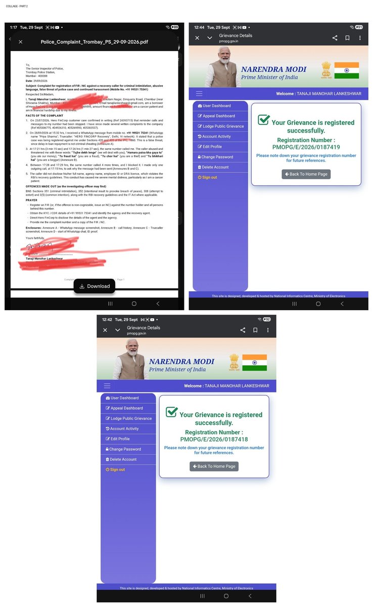 TLankeshwar's tweet photo. @HeroFinCorpLtd ka recovery agent "Priya Sharma" (+91 99531 75341) ne WhatsApp pe FAKE police case ki dhamki di — IPC 420/405 jo ab exist hi nahi karti (BNS aa chuka hai)! Main cancer patient hoon, financial hardship mein hoon, phir bhi ye jhooti legal dhamki di gayi. Cyber Crime complaint (Ack: 21909260134219), Trombay Police complaint (ID: 100599/2026) aur PMO grievance (PMOPG/E/2026/0187419) file kar diya hai. @HeroFinCorpLtd — ye agent authorised hai ya nahi? Batao warna data leak ki jaanch shuru karo! #RecoveryAgentHarassment #RBIGuidelines #HeroFinCorp
@RBIsays @RBI @FinMinIndia @jagograhakjago @ConsumerHelpline @PIB_India @PMOIndia @India_NHRC @MumbaiPolice @CPMumbaiPolice @cmmaharashtra @Advnarendrajosh @saynotoloans @Yousuf_Haldar @AarifKhan18170 @dr_sharma77057 @narendramodi @AmitShah @HMOIndia @DelhiPolice @the_hindu @timesofindia @IndianExpress @ANI @PTI_News @Settlementguruu @ravish_journo @KKV_loanjustice