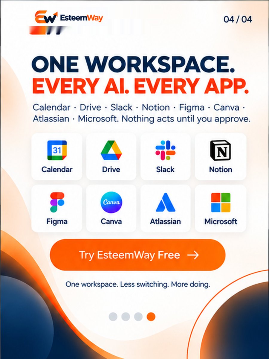 EsteemWay's tweet photo. 12 tabs open just to write one brief.
A week planned in your head and 3 calendars.
5 apps that don't talk to each other.
EsteemWay: 500+ AI models, one prompt. Connected to Calendar, Drive, Slack, Notion, Figma and more. Nothing acts until you approve.
https://t.co/oJK20aoCJm https://t.co/BnEJBBY4Xx
