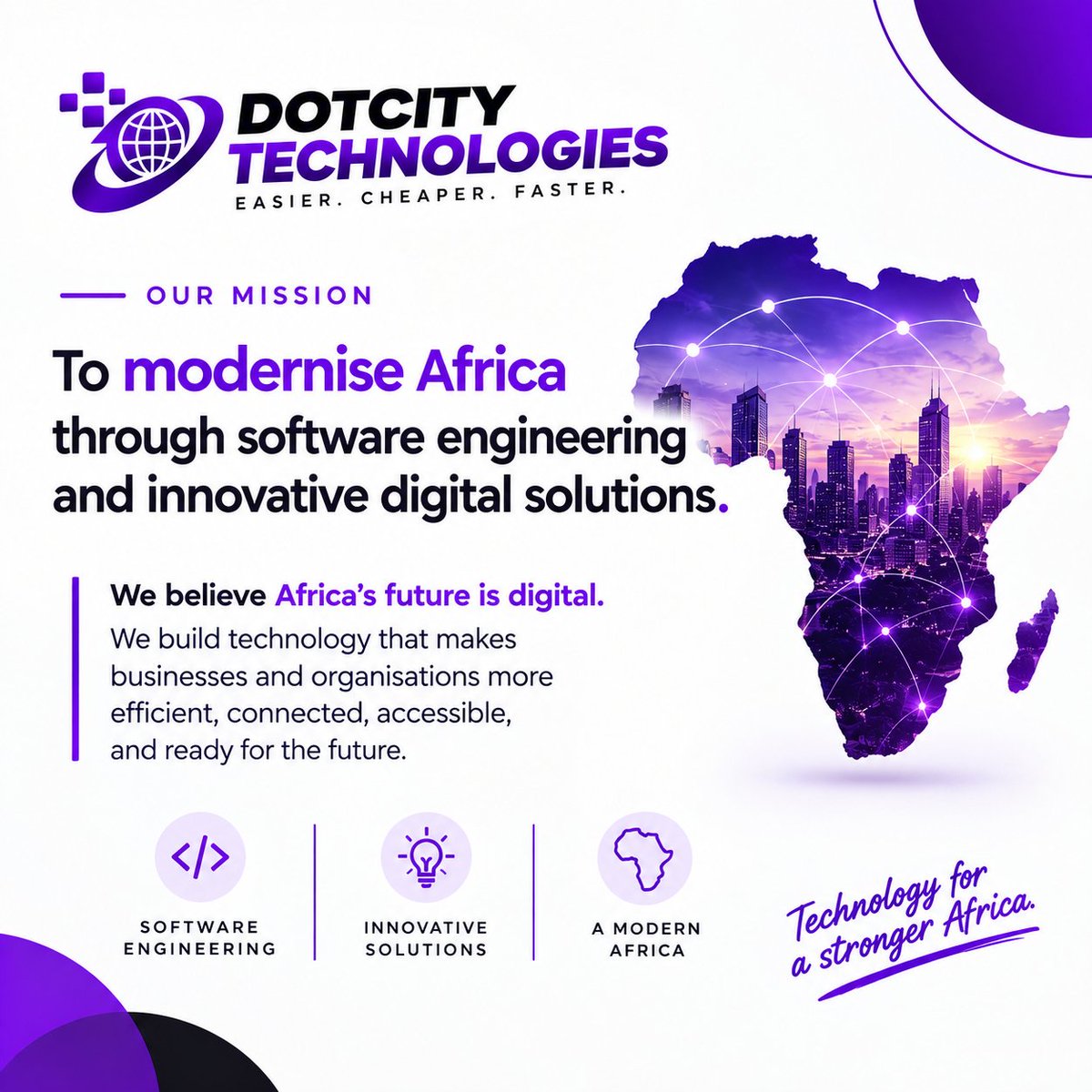 DotCity_Techs's tweet photo. Our Mission

To modernise Africa through software engineering and innovative digital solutions.
We believe Africa’s future is digital.

We build technology that makes businesses and organisations more efficient, connected, accessible, and ready for the future. https://t.co/RkDztexKD4