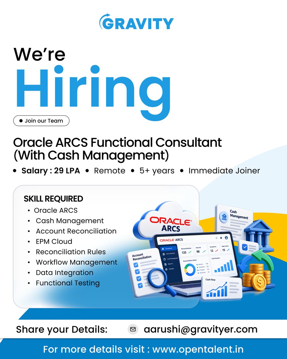 Techgravityer's tweet photo. 🚀 We’re Hiring | Oracle ARCS Functional Consultant
💼 5+ Years | 💰 29 LPA | 🏠 100% Remote
⚡ Immediate Joiner

Skills: Oracle ARCS, Cash Management, EPM Cloud etc
📩 aarushi@gravityer.com
🔗 Apply: https://t.co/bQzO1R9EoY https://t.co/r134mMpYZH