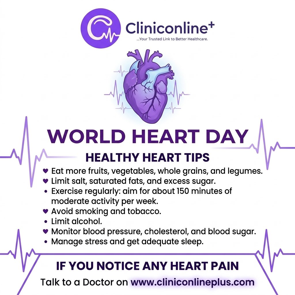 C_Onlineplus's tweet photo. ❤️ World Heart Day

Take care of your heart, it’s the gateway to a healthier life.

Your heart works for you every day. Give it the care it deserves.
Eat well, stay active, manage stress, and listen to your body.

A healthy heart means a healthier you.

Notice Any Pain ? 
Talk to a Doctor at https://t.co/DK4iP0LJWr 
#WorldHeartDay2026
#WorldHeartDay