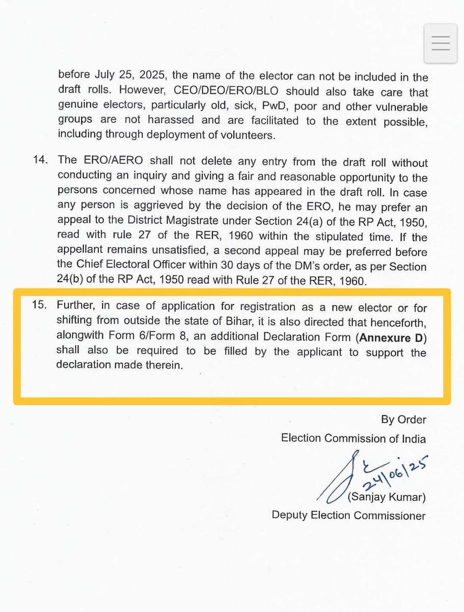 rishibagree's tweet photo. @Pawankhera Fake News Again!!

This is Pg 6, Point 15 from SIR Order of June 2025, which was upheld by Supreme Court 

The declaration form is clearly mentioned with FORM 6 

Atleast spread lie which have some substance https://t.co/Zdau4xUitD