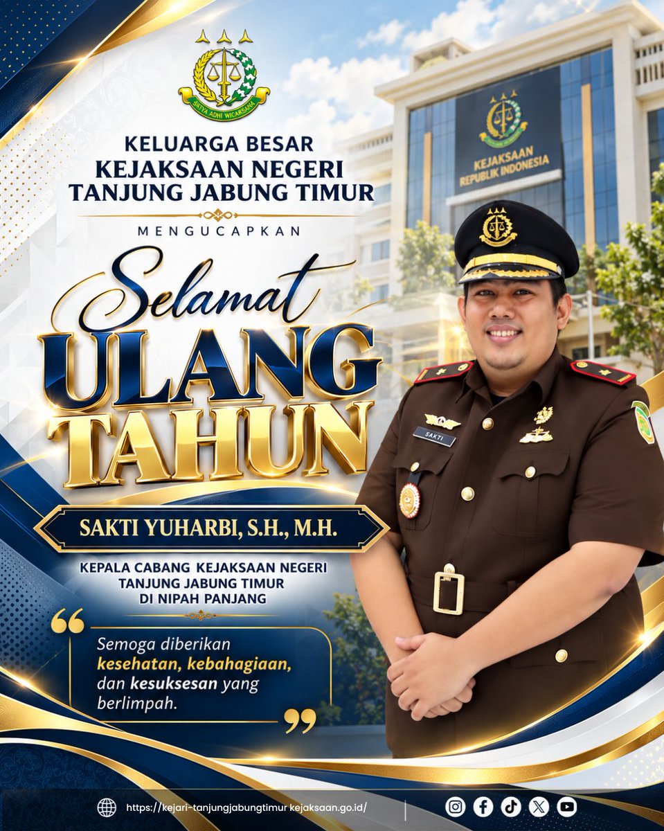 KejariTanjabTim's tweet photo. Keluarga Besar Kejaksaan Negeri Tanjung Jabung Timur Mengucapkan selamat ulang tahun Bapak Sakti Yuharbi Kepala Cabang Kejaksaan Negeri Tanjung Jabung Timur di Nipah Panjang ke-38 Tahun.

#kejaksaanri #reformasibirokrasi #apelkerja #kejaritanjungjabungtimur #tanjungjabungtimur https://t.co/E47zJ9COym
