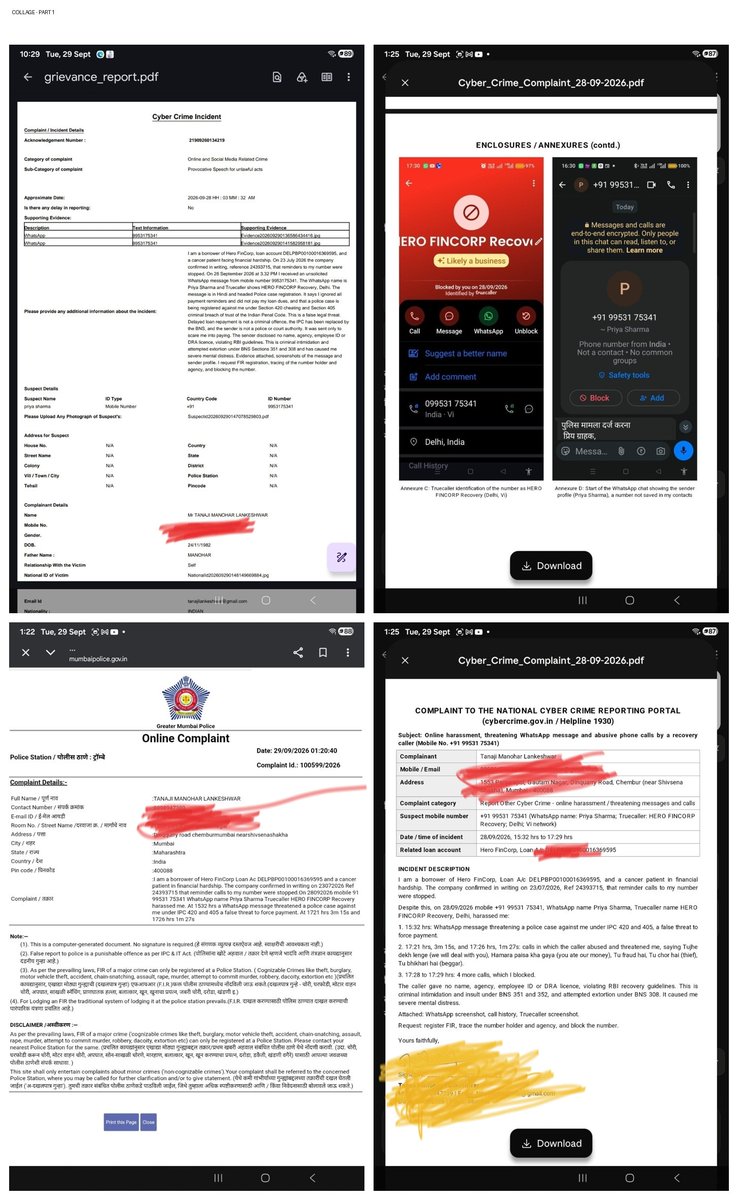 TLankeshwar's tweet photo. @HeroFinCorpLtd ka recovery agent "Priya Sharma" (+91 99531 75341) ne WhatsApp pe FAKE police case ki dhamki di — IPC 420/405 jo ab exist hi nahi karti (BNS aa chuka hai)! Main cancer patient hoon, financial hardship mein hoon, phir bhi ye jhooti legal dhamki di gayi. Cyber Crime complaint (Ack: 21909260134219), Trombay Police complaint (ID: 100599/2026) aur PMO grievance (PMOPG/E/2026/0187419) file kar diya hai. @HeroFinCorpLtd — ye agent authorised hai ya nahi? Batao warna data leak ki jaanch shuru karo! #RecoveryAgentHarassment #RBIGuidelines #HeroFinCorp
@RBIsays @RBI @FinMinIndia @jagograhakjago @ConsumerHelpline @PIB_India @PMOIndia @India_NHRC @MumbaiPolice @CPMumbaiPolice @cmmaharashtra @Advnarendrajosh @saynotoloans @Yousuf_Haldar @AarifKhan18170 @dr_sharma77057 @narendramodi @AmitShah @HMOIndia @DelhiPolice @the_hindu @timesofindia @IndianExpress @ANI @PTI_News @Settlementguruu @ravish_journo @KKV_loanjustice