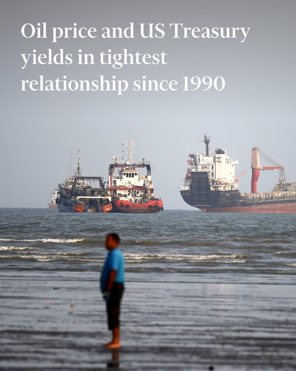 FT's tweet photo. Oil prices and US Treasuries are locked in their tightest relationship since the first Gulf war in 1990, highlighting how dependent the outlook for the global economy and major asset classes has become on traffic through the Strait of Hormuz. https://t.co/gnDmCrkqlY https://t.co/XngfyKeIp5