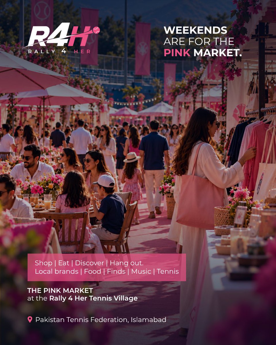 Rally4Her's tweet photo. Your weekend plans? Sorted.
The Pink Market takes over the Rally 4 Her Tennis Village on weekends. 
Discover local brands. Grab something to eat. Catch some tennis. Stay for the music. Bring your friends, your family and your weekend mood.
 
#happinessbazaar https://t.co/yC8zSuzfSQ