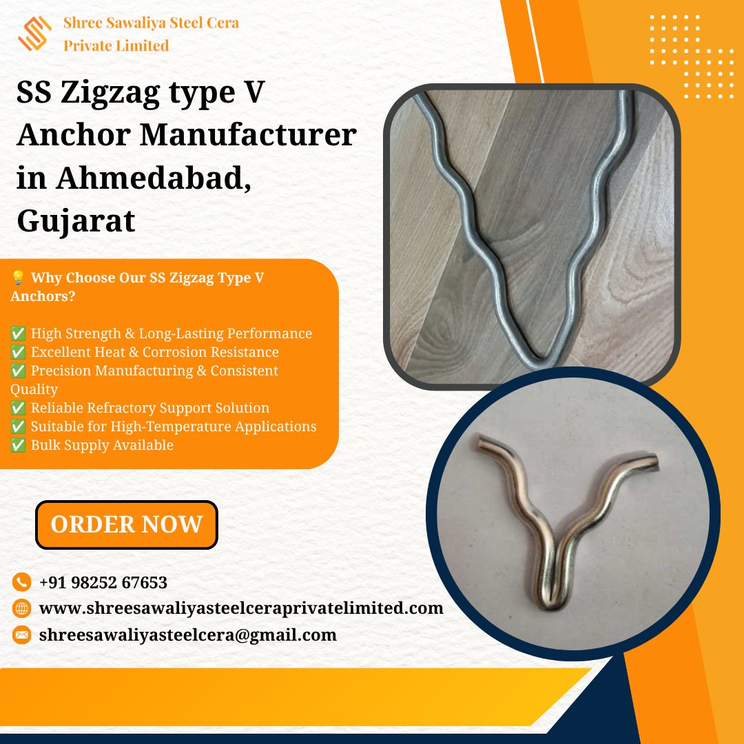 shree_cera32161's tweet photo. 🔥 SS Zigzag Type V Anchor Manufacturer in Ahmedabad, Gujarat! 🔥

#SSAnchor #ZigzagAnchor #VAnchor #RefractoryAnchors #Ahmedabad #Gujarat #IndustrialInsulation #FurnaceInsulation #BoilerInsulation #SteelIndustry #CementIndustry #Petrochemical #MakeInIndia #IndustrialSolutions https://t.co/ZkTICrRCfN