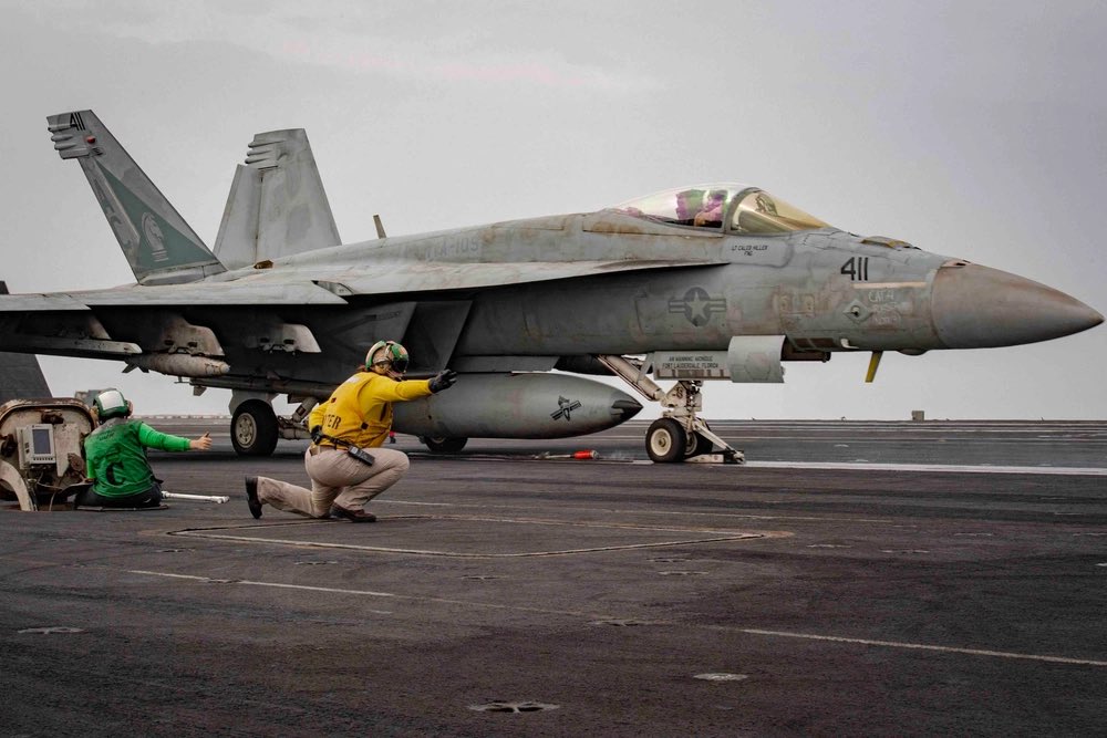 sentdefender's tweet photo. Four servicemembers attached to the USS Dwight D. Eisenhower (CVN-69) were injured in a landing mishap onboard the nuclear-powered aircraft carrier off the coast of Virginia on Monday, according to a statement published tonight by the U.S. Navy. 

In addition to two sailors assigned to the Eisenhower that were injured in the incident, two naval aviators with Carrier Air Wing Three (CVW-3) ejected from an unidentified two-seater aircraft - either a F/A-18F Super Hornet or EA-18G Growler - and were later recovered. One sailor was transported from the ship to a Norfolk-area hospital for treatment of non-life-threatening injuries.

The U.S. Navy said, in a full statement on the incident to USNI News: “At approximately 6:18 p.m. EDT on Sept. 28, a mishap occurred during aircraft recovery operations aboard the Nimitz-class aircraft carrier USS Dwight D. Eisenhower (CVN 69) off the coast of Virginia,” reads the statement. “Both aviators were safely returned to the ship and are being evaluated by medical personnel. Four shipboard personnel were also injured during the mishap and are receiving medical care. One sailor is being transported to a Norfolk-area hospital for treatment of non-life-threatening injuries.”