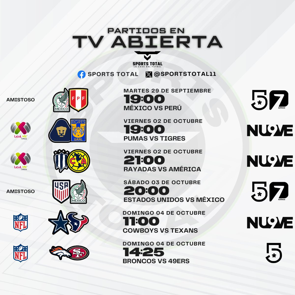 SportsTOTAL11's tweet photo. Esto es lo que tendremos esta semana GRATIS en TV abierta 📺⚽🏈 https://t.co/8YXX0Kj0Mi