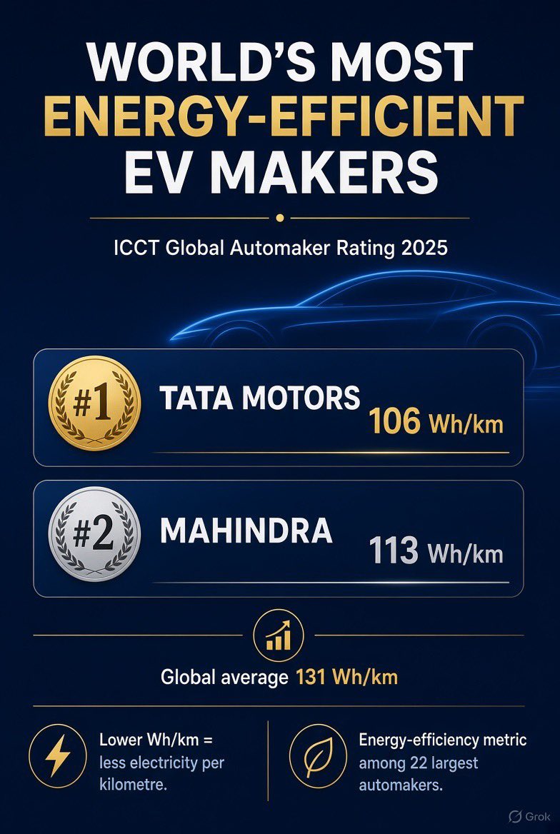 Sanatanai07's tweet photo. #EV: #India just led the world on EV energy efficiency.
#ICCT #GlobalAutomakerRating 2025, 22 largest automakers, weight-adjusted BEV consumption:
1. #TataMotors — 106 Wh/km
2. #Mahindra — 113 Wh/km Fleet average — 131 Wh/km
#Tesla 3rd, #BYD 4th on this metric.
Lower Wh/km means less electricity per kilometre. Not the overall transition score — Tesla and BYD still lead that. On pure efficiency, Indian EVs are the most frugal in the set.
Source: @TheICCT
Overall scores still tell a different story: Tesla 83, BYD 72, #Tata 33 (15th), #Mahindra 30 (17th, first year in the rating). Efficiency is one of ten metrics.
🔥Charging speed and range remain the gaps > ICCT flags for the Indian fleets.
Nite: However, with respect to the energy-efficiency finding from ICCT’s June 2026 rating and the India Rankings, these do not claim Tata or Mahindra topped the full automaker EV rankings.