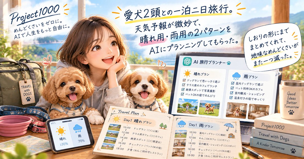 project1000jp's tweet photo. 愛犬2頭との一泊二日旅行。
天気予報が微妙で、晴れ用・雨用の2パターンをAIにプランニングしてもらった。

しおりの形にまでまとめてくれて、地味なめんどくさいがまた一つ減った。

#Project1000 #めんどくさいをゼロに #AIで人生をもっと自由に #今日の一歩 https://t.co/sKfVk5EutH