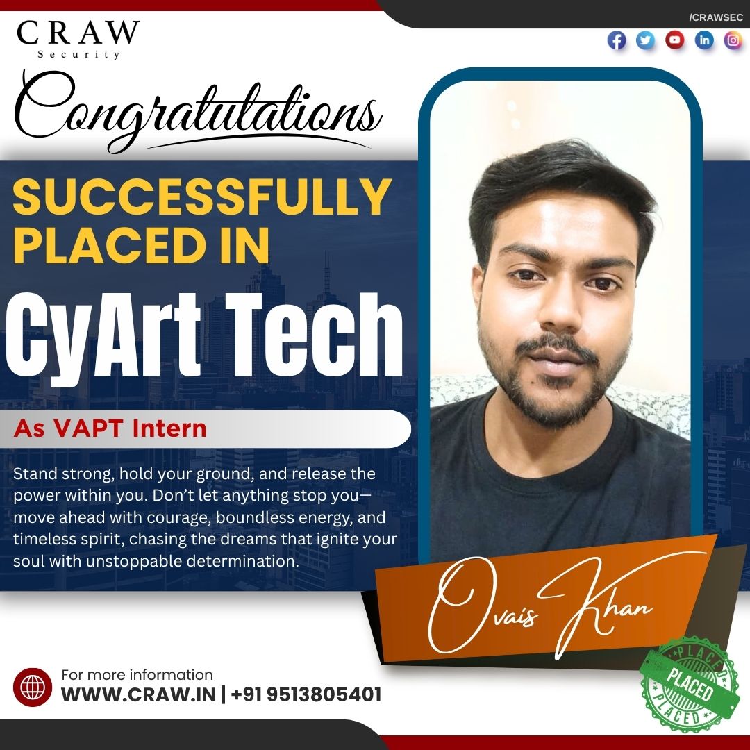 crawsec's tweet photo. Congratulations, Ovais Khan! πA proud moment as Ovais Khan begins his professional journey as a VAPT Intern at CyArt Tech.
Wishing you continued growth and success in your cybersecurity career! #CRAWSecurity #OvaisKhan #CyArtTech https://t.co/HoF2AnroZn