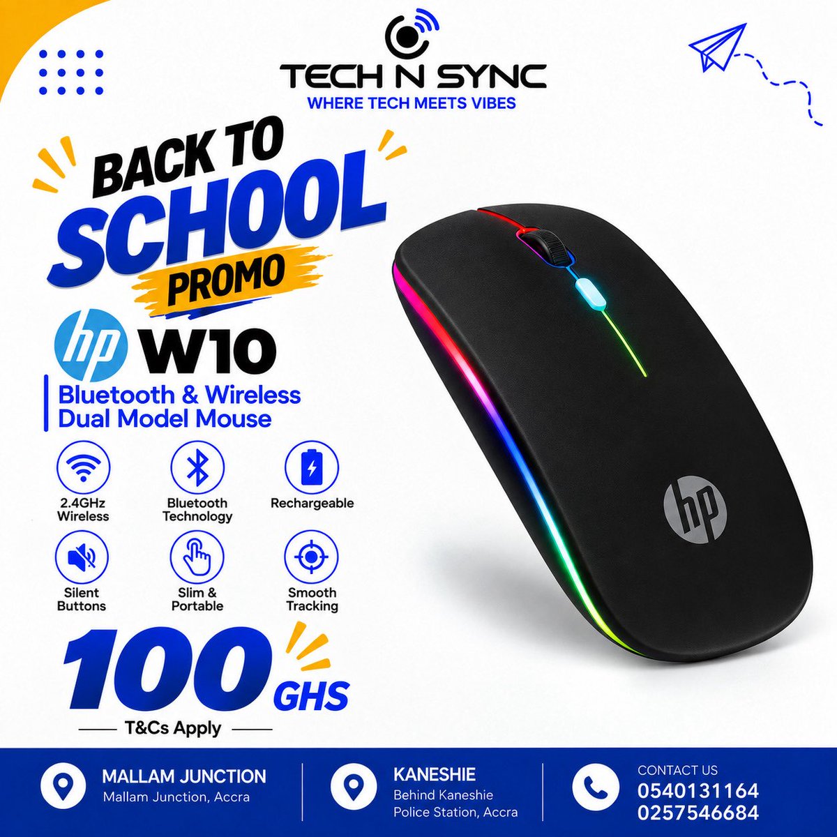 technsync's tweet photo. 🔥 BACK TO SCHOOL JUST GOT BETTER! 🎒💻

Upgrade your setup with the HP W10 Bluetooth &amp; Wireless Dual-Mode Mouse for just GHS 100! 🖱️✨

✅ 2.4GHz Wireless
✅ Bluetooth Technology
✅ Rechargeable
✅ Silent Buttons
✅ Slim &amp; Portable
✅ Smooth Tracking https://t.co/FS2WwzLifG