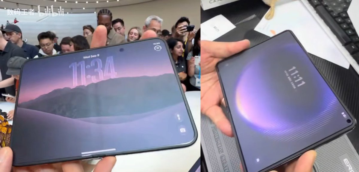 bad_drews's tweet photo. So here's how a Huawei Pura X Max looks with a matte film on the screen vs an iPhone Duo.

There's no difference now, is there?

"How do we dissimulate the crease?" 
— Oh let's decrease screen's reflections.
#Apple #Huawei https://t.co/HFW3SY6LqY