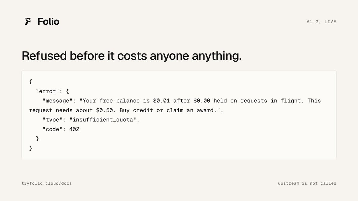 tryfoliocloud's tweet photo. v1.2 is live. Every request sets aside its worst case before it runs and pays the real cost after. A request your balance cannot cover is refused before it is made. Your key cannot overspend.

https://t.co/5j4wwVND6F https://t.co/5Oi1WKuTaN