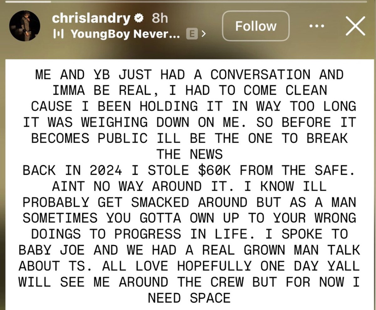chudtalks's tweet photo. NBA YoungBoy’s affiliate Chris Landry comes to twitter with shocking news admitting to stealing 60k from YoungBoy’s safe back in 2024 this is also the same 60k Baby Joe was accused of stealing in the song “Tears Of War” 😨🫢 

WOW 🤯🤯 https://t.co/zEzaRFz1Xj