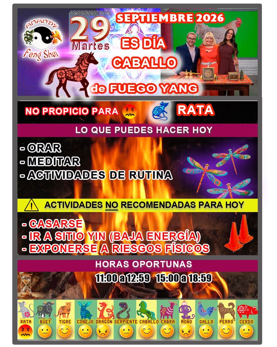 AnandyFeng's tweet photo. Este Martes 29 es excelente para orar, meditar , solo realizar actividades de rutina, no es positivo para casarse, ir a lugares de baja vibración como panteones,  hospitales, funerarias, exponerse a riesgos  físicos, especialmente los signos Rata.
Con amor Anandy 🙏✨💖 https://t.co/B4bwjLKuCX