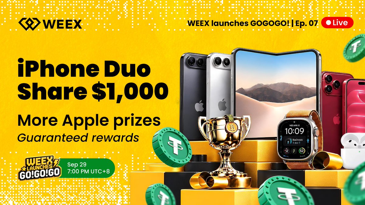 WEEX_Official's tweet photo. 🔥 The moment is HERE! Who's taking home the iPhone Duo & more? 
🏆 The Trade & Win iPhone Duo challenge has officially wrapped & it's time to crown the winners LIVE! 

📺 Join WEEX launches GOGOGO! Ep. 07 tonight for the live award ceremony 
🎁 Plus exclusive rewards for everyone tuning in! 
💰 $1,000 USDT Airdrop Rain
🎫 VIP for EVERYONE — Drop your WEEX UID in the live chat to claim a WEEX VIP Experience Card!
⏰ Tonight at 19:00 (UTC+8)
🔗 Watch LIVE: https://t.co/0KJH7LgMqn

Set your alarm & see you LIVE! 🚀
#WEEX #GOGOGO #TradeAndWin #Airdrop #AppleDuo