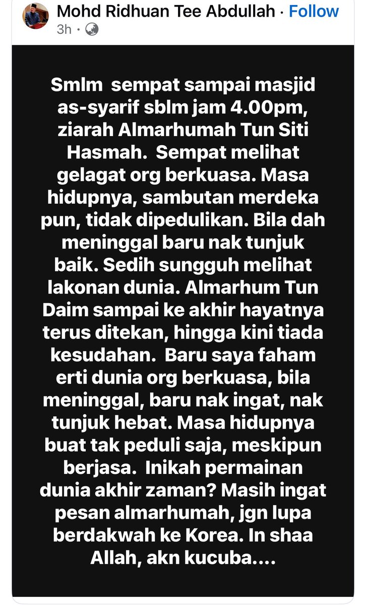 SyedAkramin's tweet photo. Sedih lah tengok perangai si Ridhuan Tee ni. Ziarah orang meninggal dunia pun dia sempat nak tabur fitnah dan semai kebencian. Harap dia bersihkan hatinya. https://t.co/vk26997l5e