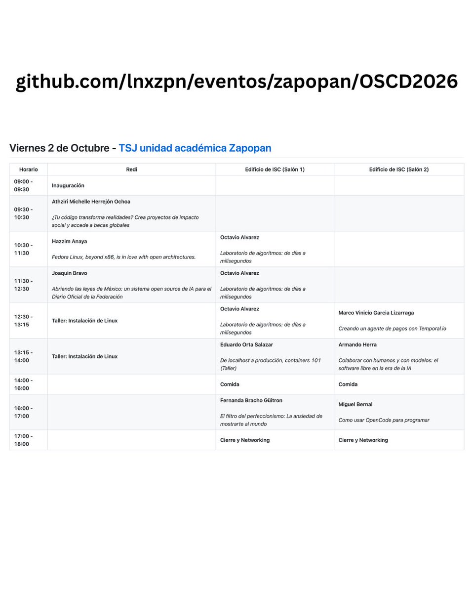 lnxzpn's tweet photo. Presentamos la agenda de nuestro Open Source Collaboration Day.
El código de esta agenda lo puedes encontrar en GitHub:
https://t.co/4NR7pTGjwS
¡Ya estamos muy cerca del evento!
¡Nos vemos el 2 de Octubre!
#OpenSource #SoftwareLibre #Zapopan #GDL #Mobile https://t.co/tZ1GJuBFe9