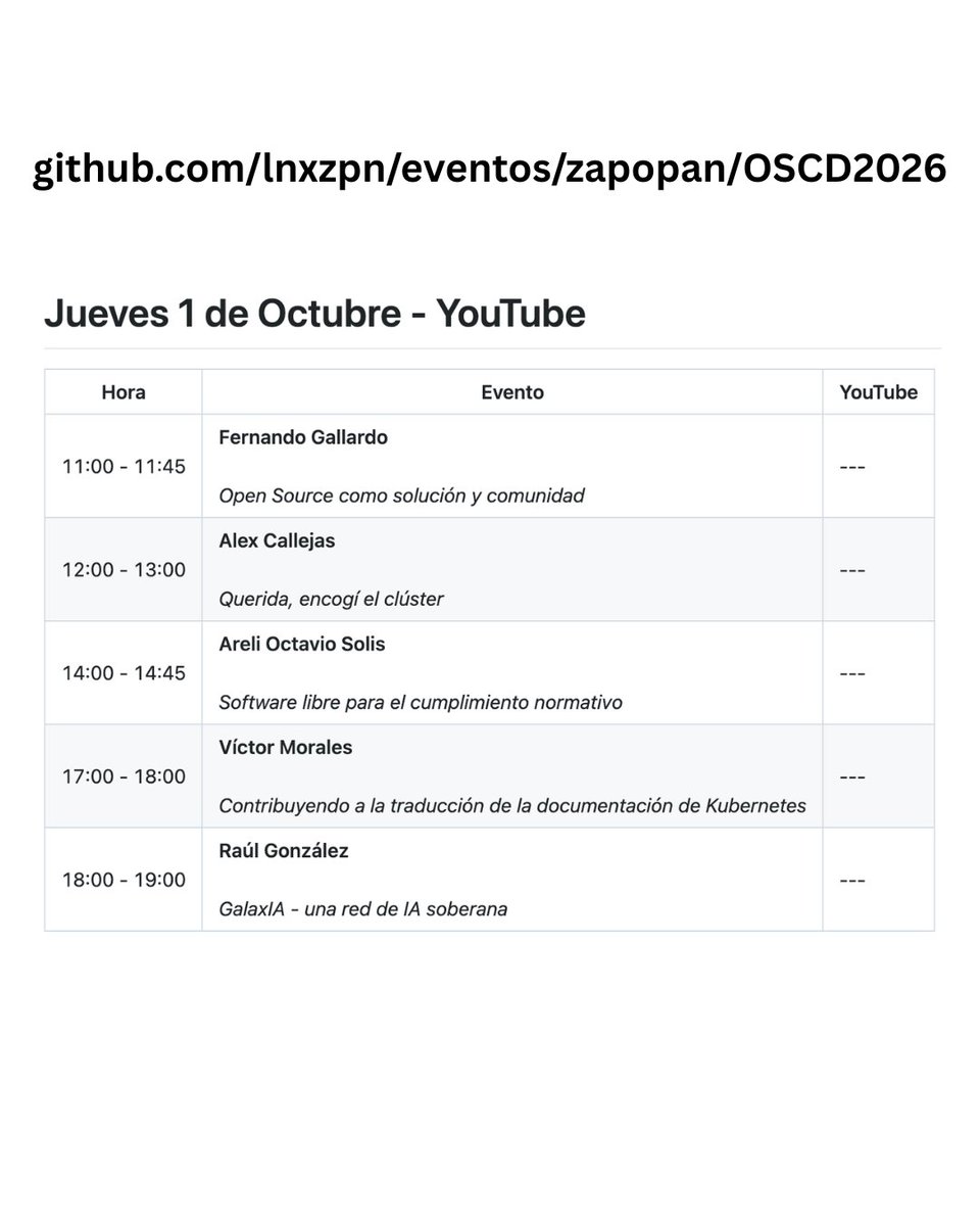 lnxzpn's tweet photo. Presentamos la agenda de nuestro Open Source Collaboration Day.
El código de esta agenda lo puedes encontrar en GitHub:
https://t.co/4NR7pTGjwS
¡Ya estamos muy cerca del evento!
¡Nos vemos el 2 de Octubre!
#OpenSource #SoftwareLibre #Zapopan #GDL #Mobile https://t.co/tZ1GJuBFe9