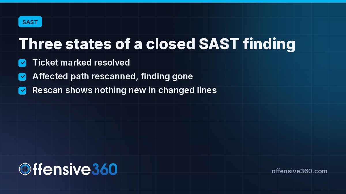 offensive360's tweet photo. Ticket closed and rescan clean are different states for a SAST finding. Only one is evidence. Evaluation check: apply the fix, rerun on that file, confirm nothing new appeared. Worksheet: https://t.co/AshttveKOR #SAST #AppSec https://t.co/aJD59wEkTM