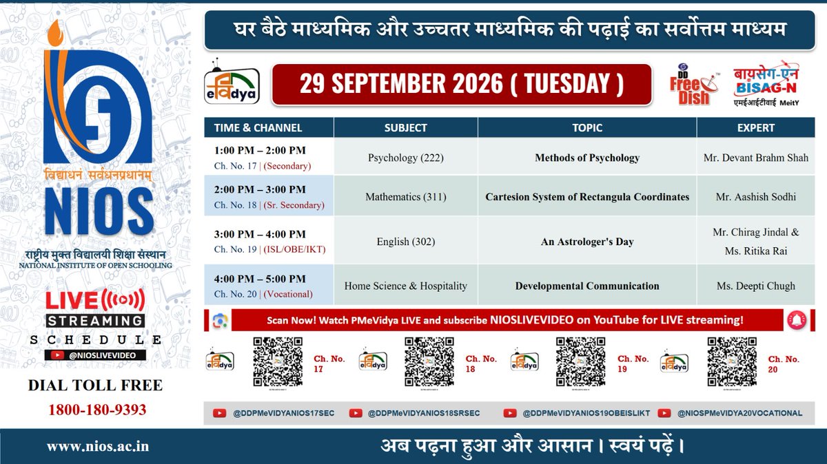 niostwit's tweet photo. ๐บ #NIOSLIVE PCP | 29 September 2026
๐ง Psychology
๐ Mathematics
๐ English
๐ Home Science & Hospitality
โฐ 1:00 PM - 5:00 PM | #PMeVidya
๐ https://t.co/GMma1v2Ofi
#OpenSchooling #DigitalEducation #Psychology #Mathematics #English #HomeScience #LearnFromHome https://t.co/MI87HGcBvq