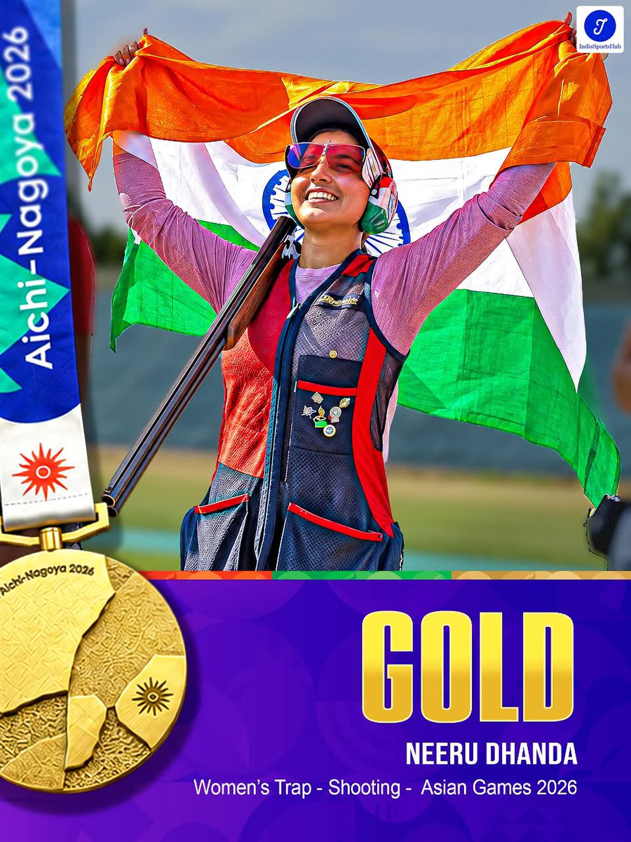 IndiaSportsHub's tweet photo. 🥇 GOLD FOR NEERU DHANDA! 🇮🇳🔥

Neeru Dhandha wins GOLD in the Women’s Trap at the Asian Games 2026! 🎯🏆

🇮🇳 ANOTHER GOLD FOR TEAM INDIA!

#AsianGames2026 #NeeruDhandha #Shooting #TeamIndia #IndiaSportsHub https://t.co/EuF9IvJkyw