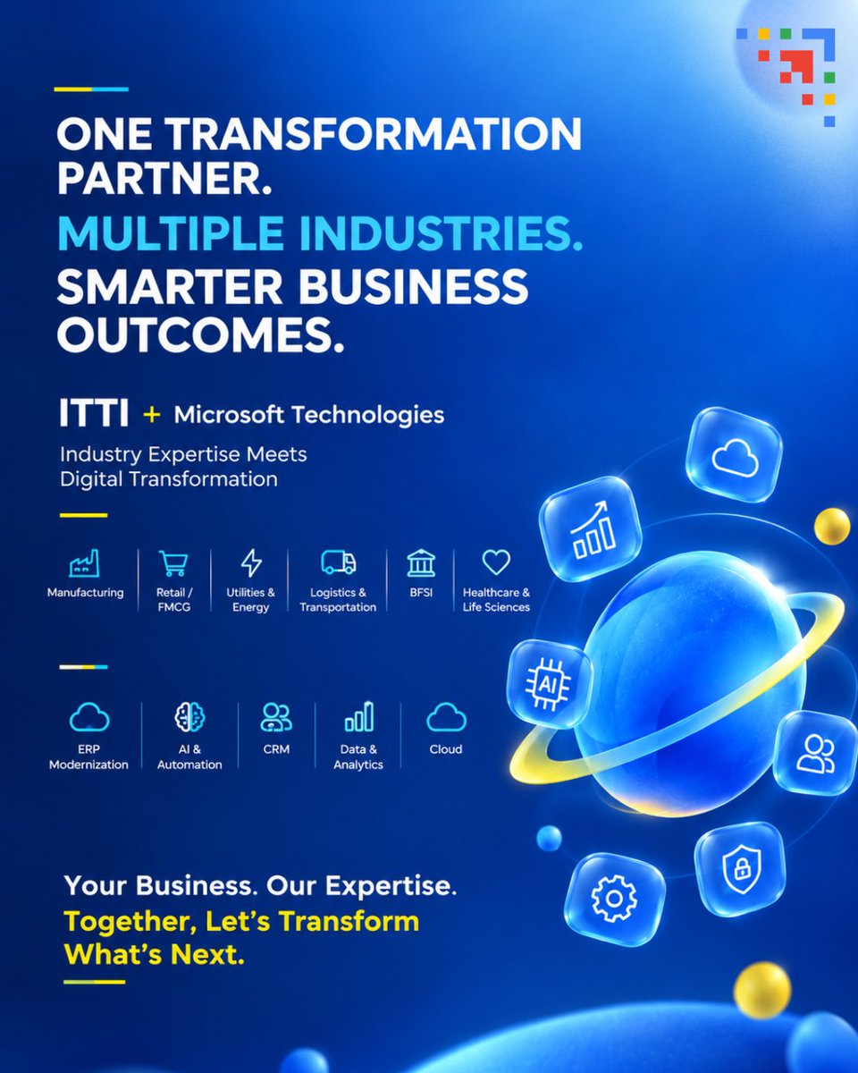 tweet_itti's tweet photo. One Transformation Partner. Multiple Industries. Smarter Business Outcomes.
Your Industry. Our Vision.
Let’s Transform What’s Next.
#ITTI #IndustryTransformation #MicrosoftDynamics365 #DigitalTransformation #ERPModernization #AI #Automation #DataAnalytics #BusinessTransformation https://t.co/FFLBSGcrGN