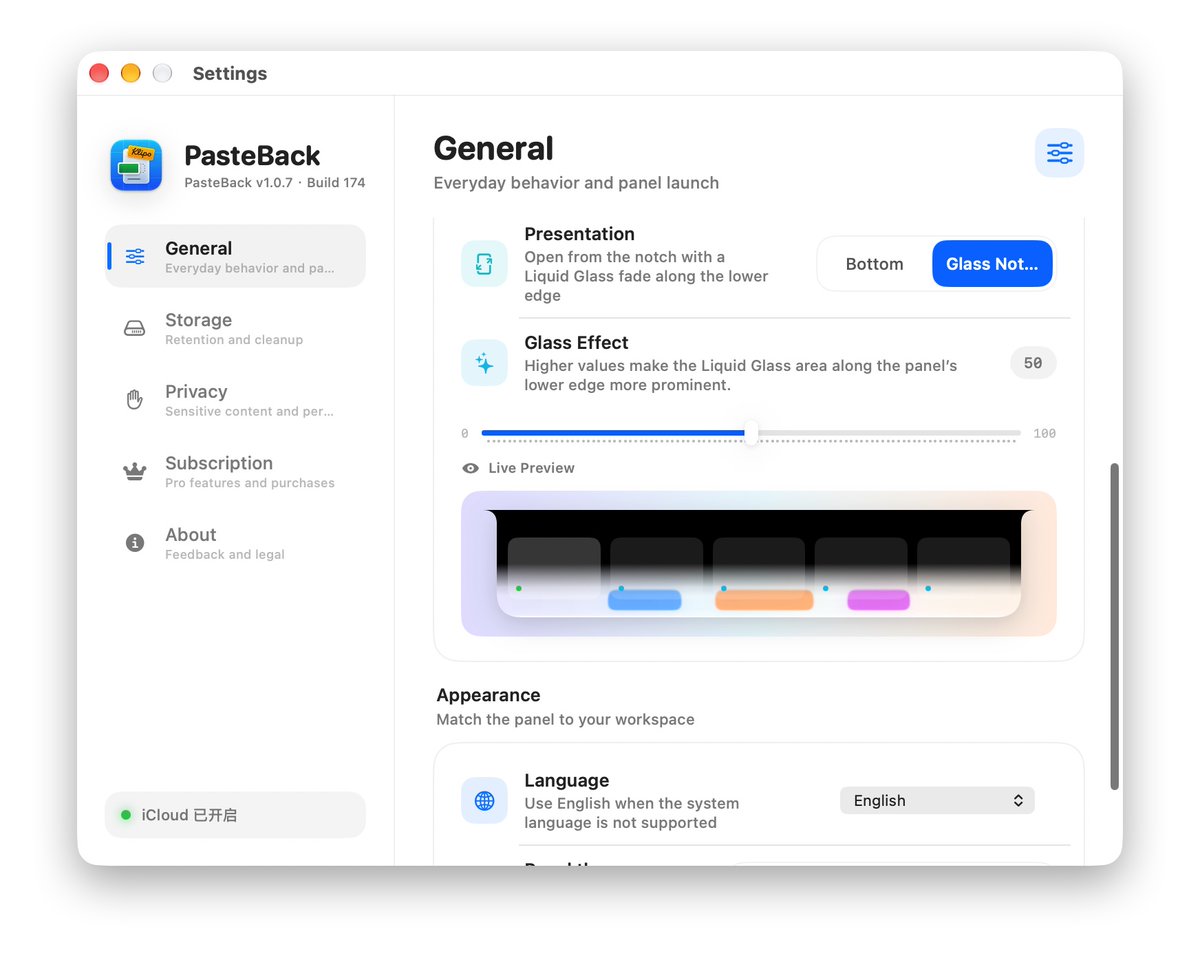 anicedev's tweet photo. Designing PasteBack around Liquid Glass.

Choose a bottom panel or Glass Notch presentation, tune the glass intensity, and preview the result live.

The goal is simple: clipboard history that feels native to macOS—present when you need it, quiet when you don’t. https://t.co/B6u8Ui1YzR