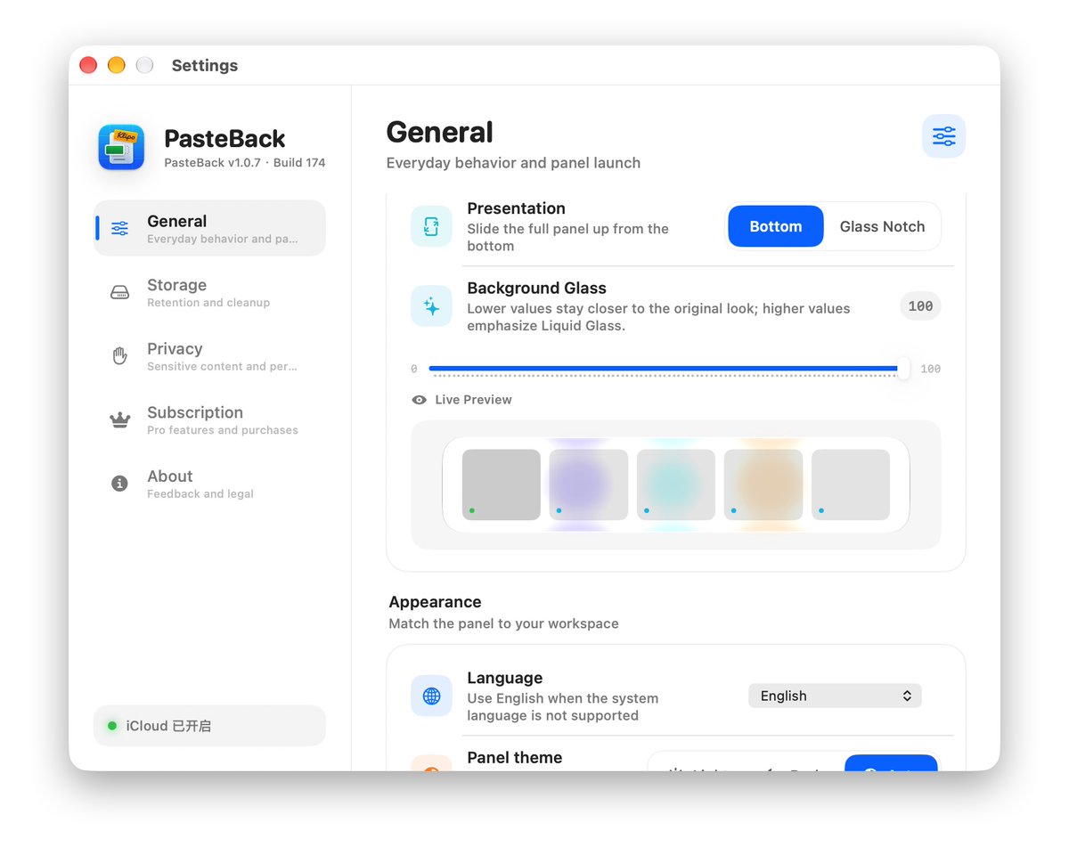 anicedev's tweet photo. Designing PasteBack around Liquid Glass.

Choose a bottom panel or Glass Notch presentation, tune the glass intensity, and preview the result live.

The goal is simple: clipboard history that feels native to macOS—present when you need it, quiet when you don’t. https://t.co/B6u8Ui1YzR