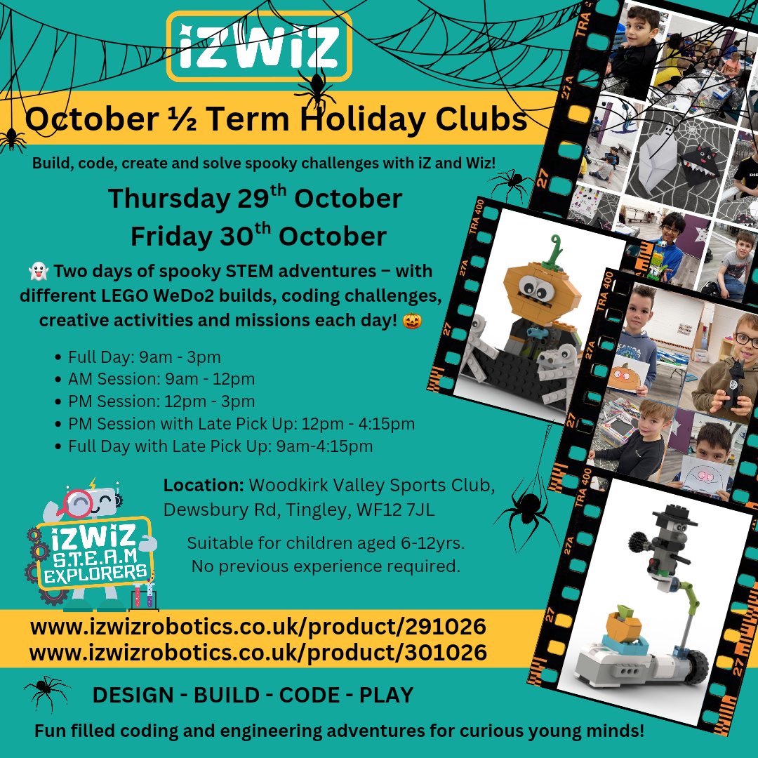 IzwizRobotics's tweet photo. Tickets for October half term are now available to purchase via the website. Links are shown on the attached photos. Looking forward to lots of spooky activities!
#holidayclub #octoberhalfterm #Leeds #Dewsbury #Batley #Wakefield #Barnsley #LEGO #Codingforkids #WoodkirkValley https://t.co/U1J2kMzvFu