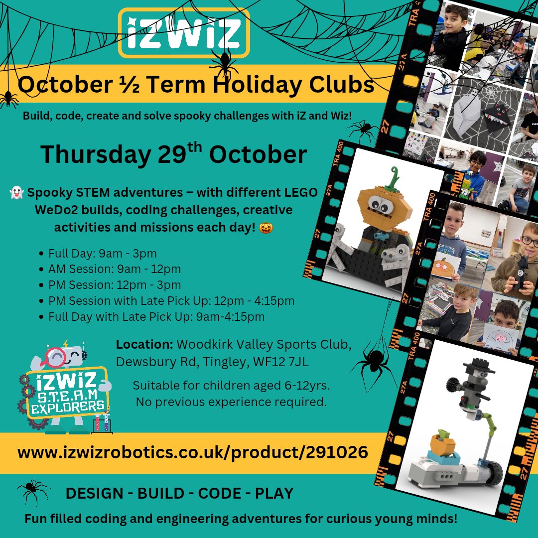 IzwizRobotics's tweet photo. Tickets for October half term are now available to purchase via the website. Links are shown on the attached photos. Looking forward to lots of spooky activities!
#holidayclub #octoberhalfterm #Leeds #Dewsbury #Batley #Wakefield #Barnsley #LEGO #Codingforkids #WoodkirkValley https://t.co/U1J2kMzvFu