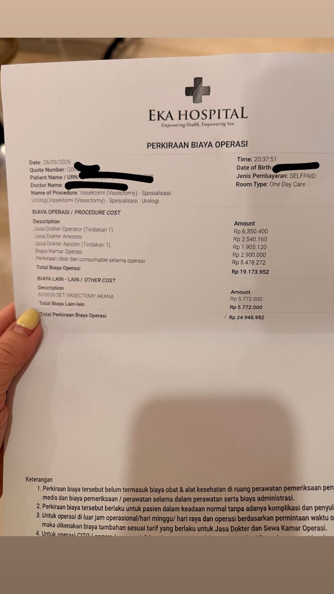 keluhkesahkonoh's tweet photo. Harga vasektomi di tahun 2026, belum termasuk pajak 6%, biaya screening, sama obat buat dibawa pulang 😭 https://t.co/gbOIlkknN7