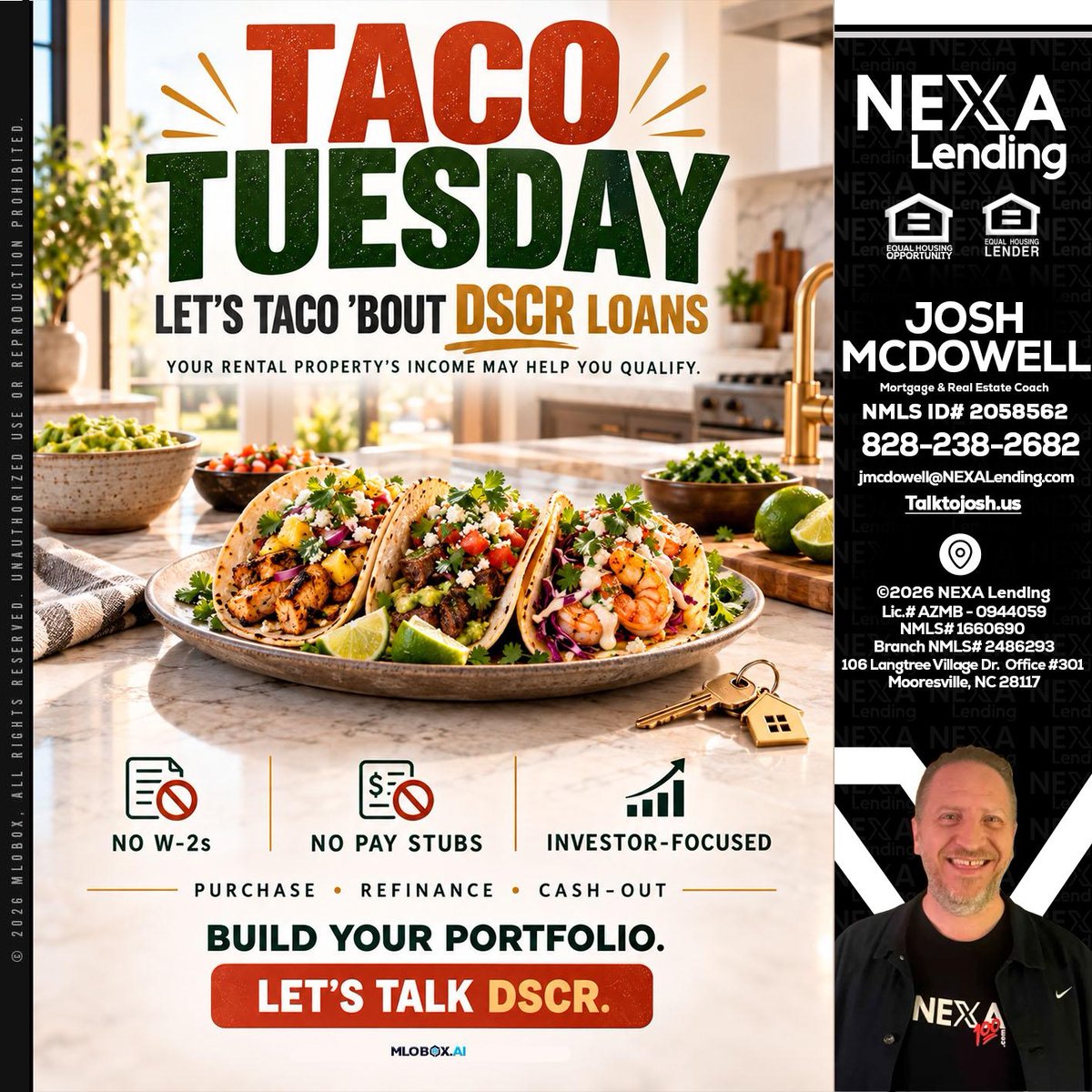 joshlive's tweet photo. Taco Tuesday vibes! 🌮 Let's taco 'bout how DSCR loans can help you grow your rental portfolio. Ready to spice things up? DM me! #TacoTuesday #RealEstate #DSCRLoans

 📧 jmcdowell@nexamortgage.com

 📞 8282382682 https://t.co/kNUIVeefn9