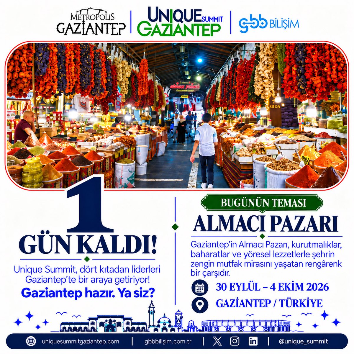 UniqueSummit's tweet photo. The countdown continues. Only 1 days left until we meet. Gaziantep is ready — are you?

———————

Geri sayım devam ediyor. Buluşmamıza yalnızca 1 gün kaldı. Gaziantep hazır — ya siz? https://t.co/cSygsFaJ6w