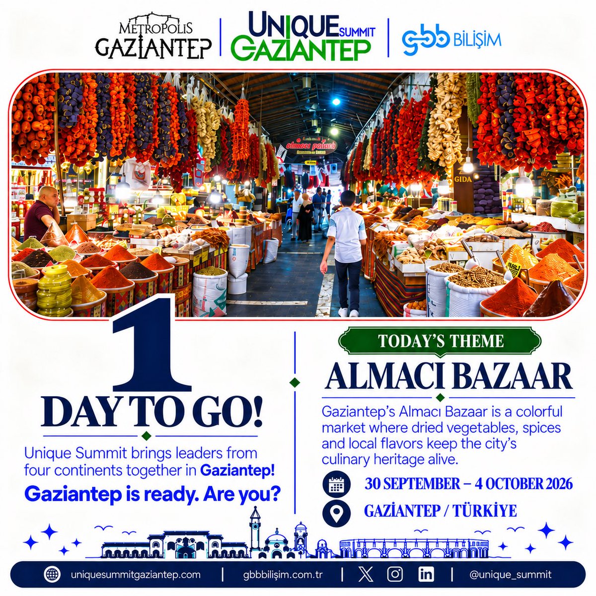 UniqueSummit's tweet photo. The countdown continues. Only 1 days left until we meet. Gaziantep is ready — are you?

———————

Geri sayım devam ediyor. Buluşmamıza yalnızca 1 gün kaldı. Gaziantep hazır — ya siz? https://t.co/cSygsFaJ6w