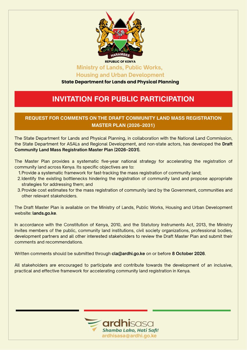 ardhiyajamii's tweet photo. What should the next 5 years of #communityland registration look like?

Kenya’s Community Land Mass Registration Masterplan (2026–2031) is open for public comments.

📩 Send your views to cla@ardhi.go.ke by 8 Oct 2026

Read and have your say: https://t.co/utk9QgDESe

#CLA10 https://t.co/Ez2KafDbzo