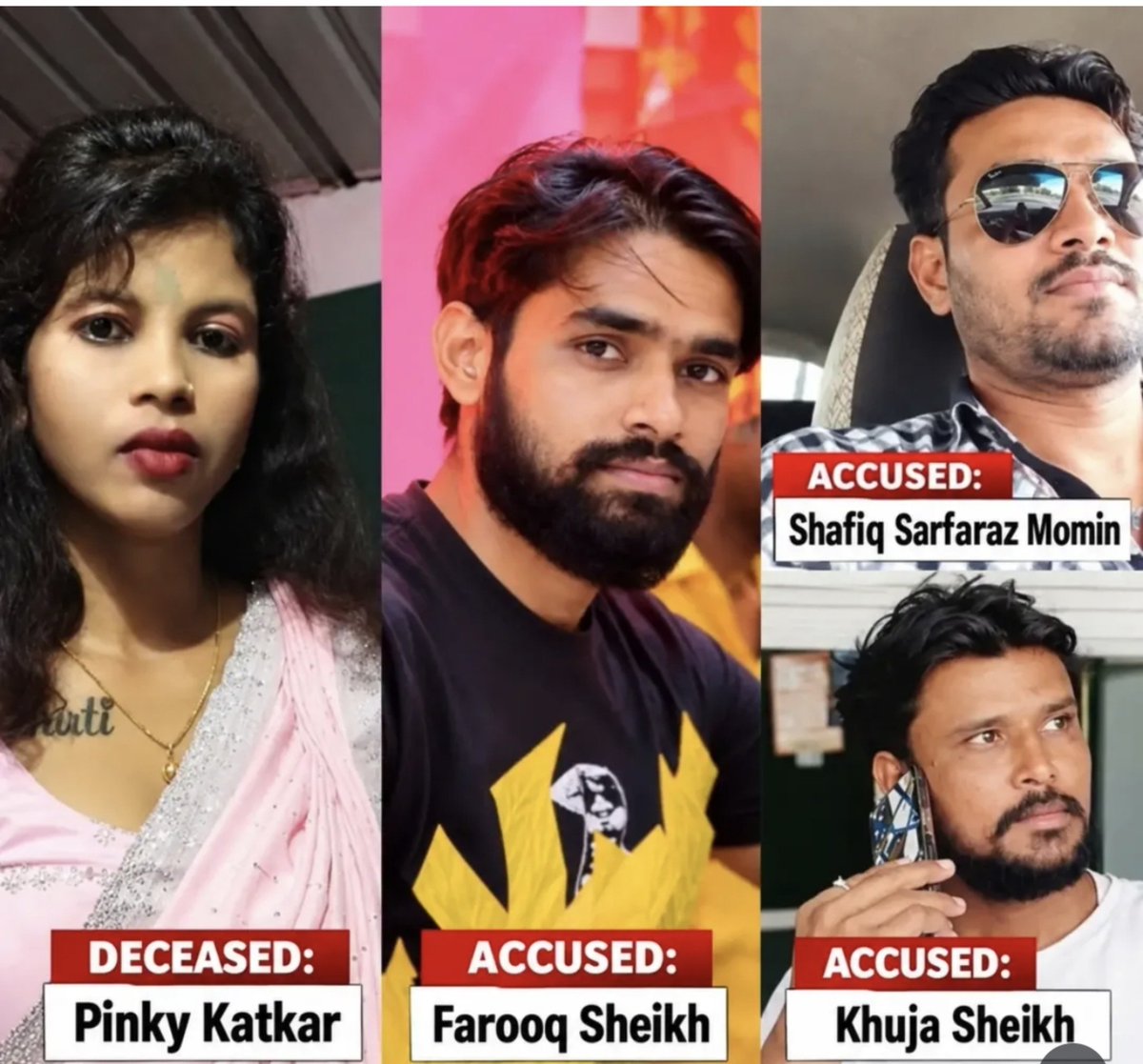 ManiYogini's tweet photo. Pinky Hanumant Katkar, a 31-year-old pregnant Hindu woman from Raigad, was beaten unconscious and later burnt with petrol near Gartad Bari in Dhule, Maharashtra.
She was living in a live-in relationship with Sarfaraz alias Shafik Alim Momin and was pregnant with his child. That child also died.
Police say the assault followed a dispute linked to Saptasur Cultural Art Centre. She was allegedly attacked in Beed, put in a vehicle, taken hundreds of kilometres, and set on fire in a secluded hilly area.
Accused named in reports:
Sarfaraz alias Shafik Alim Momin
Arif alias Khujya Asif Shaikh
Farukh Shaikh
Swati alias Aarti Ganesh Kurhade
Laxmi Balaji Pawar
Rohini Jadhav
Four have been arrested. The rest must be caught immediately. A pregnant woman was beaten and burnt. This is murder. No excuse. No delay. less