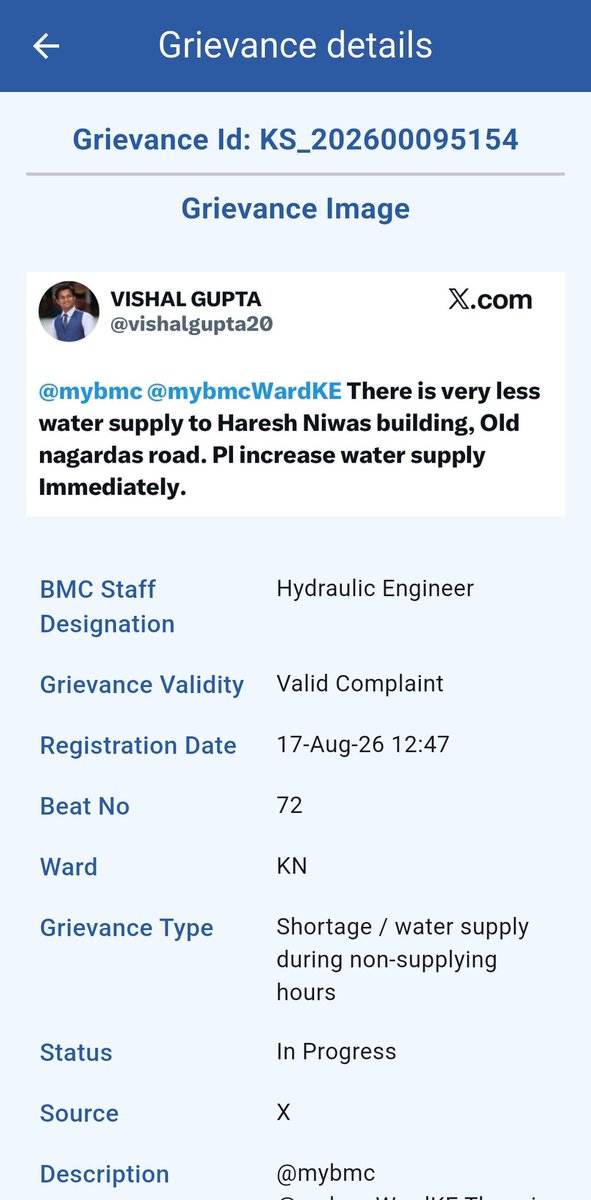 vishalgupta20's tweet photo. @mybmcWardKE Previous complaint is still pending and showing in progress. Can u pl clarify? @mybmcWardKE https://t.co/1t90OiCMPT
