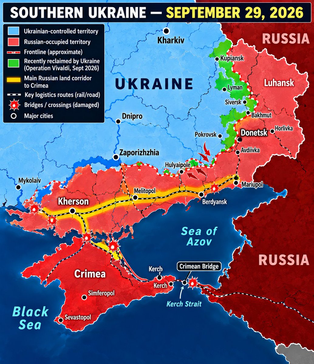 MykhailoRohoza's tweet photo. ⚡️Reports from the front suggest that Ukraine may be getting closer to threatening Russia’s land corridor to Crimea. We believe in the Armed Forces of Ukraine 🇺🇦 P.S. If the corridor is actually cut, announcing another mobilization afterward may already be too late for Putin. https://t.co/JucoB0VRhG