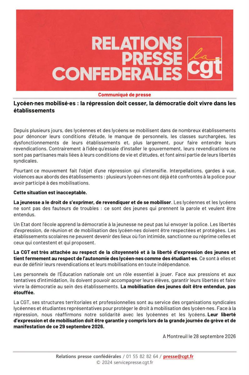 UsapCGT's tweet photo. Lycéen-nes mobilisé-es : la répression doit cesser, la démocratie doit vivre dans les établissements
#lycée #blocuslycée #dormiraucourant #blocage #repression https://t.co/3SNMGyuPJn