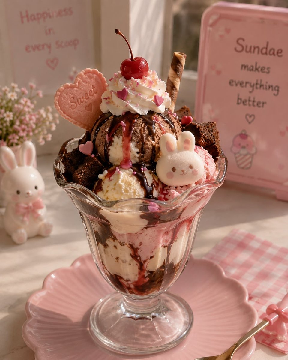 gimjuhui869166's tweet photo. ウサギが迎えてくれる 
甘いサンデー 🐰✨

チョコレートとバニラ、イチゴのアイスクリームが 
層になって積み重なっていて、
かわいいウサギとチェリーが乗っていました。

#アイスクリームサンデー #ウサギデザート #かわいいデザート https://t.co/qTsEOT8CTe