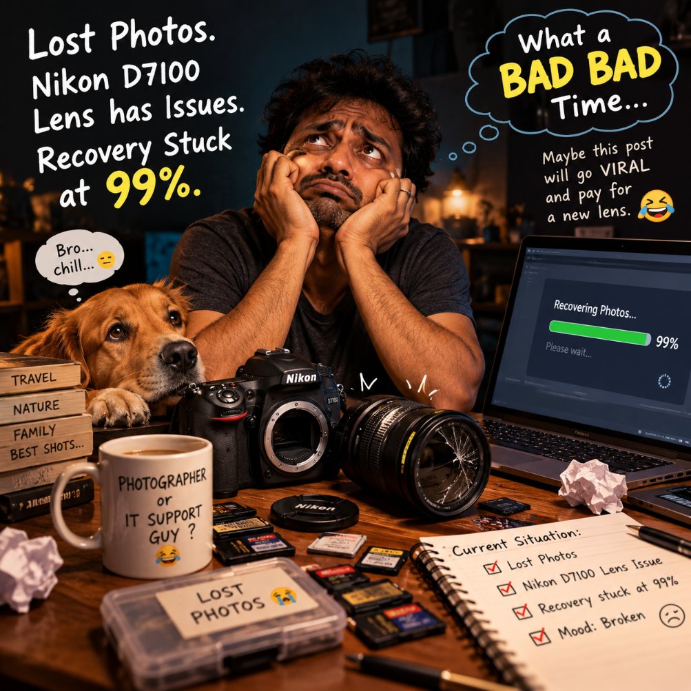 rajtalksalways's tweet photo. Lost my 100GB+ photos. 😭
My Nikon D7100 lens decided to join the crisis. 📷💀
Photo recovery is stuck at 99% from 12hrs.
At this point, I’m not sure whether I’m a photographer or just a full-time IT support guy for my own camera. 😂
What a BAD BAD time…
#BadDay https://t.co/l5Ikb6vtVE